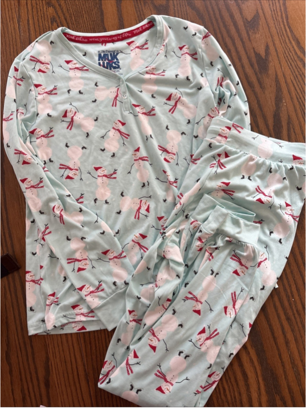MUK LUKS Women's Cloud Knit Henley Pajama Set snowmen all over XS